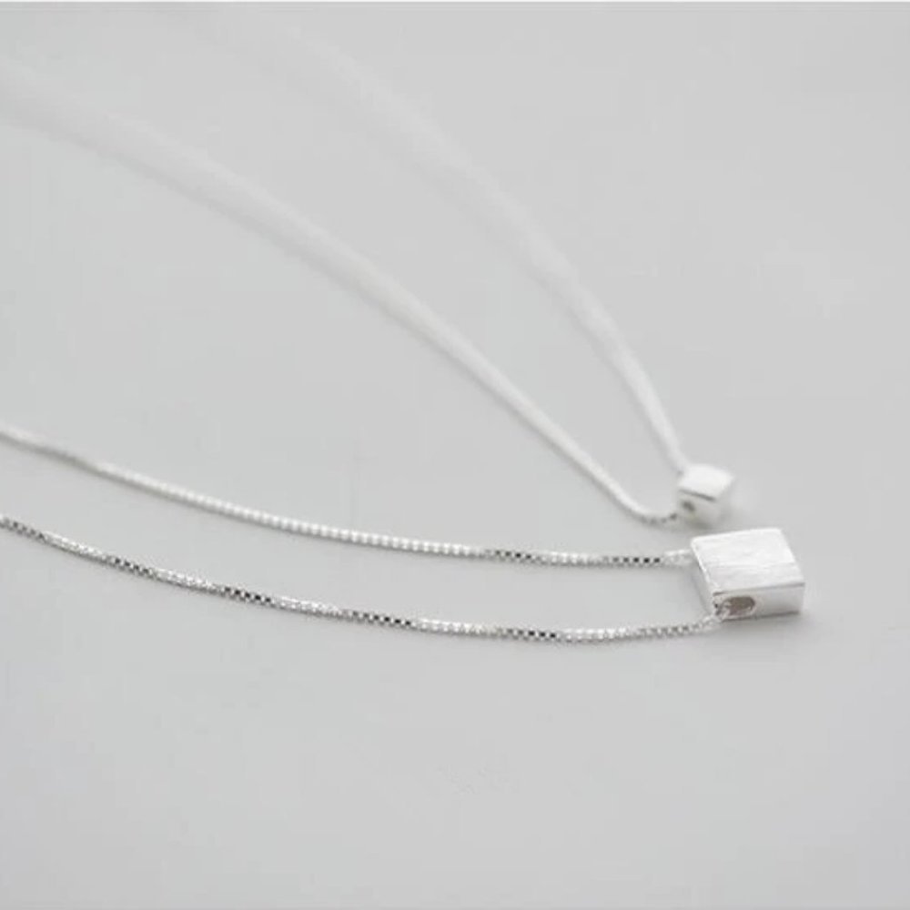 925 Sterling Silver Double Layer Square Necklace - Picture 6 of 7